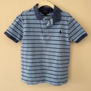 Polo Ralph Lauren Boys Size 5 Light Blue Navy Striped Short Sleeve Polo Shirt